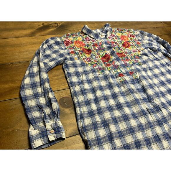 Johnny Was J3 Workshop Button Up Embroidered Floral Plaid Blouse Small - Picture 5 of 11